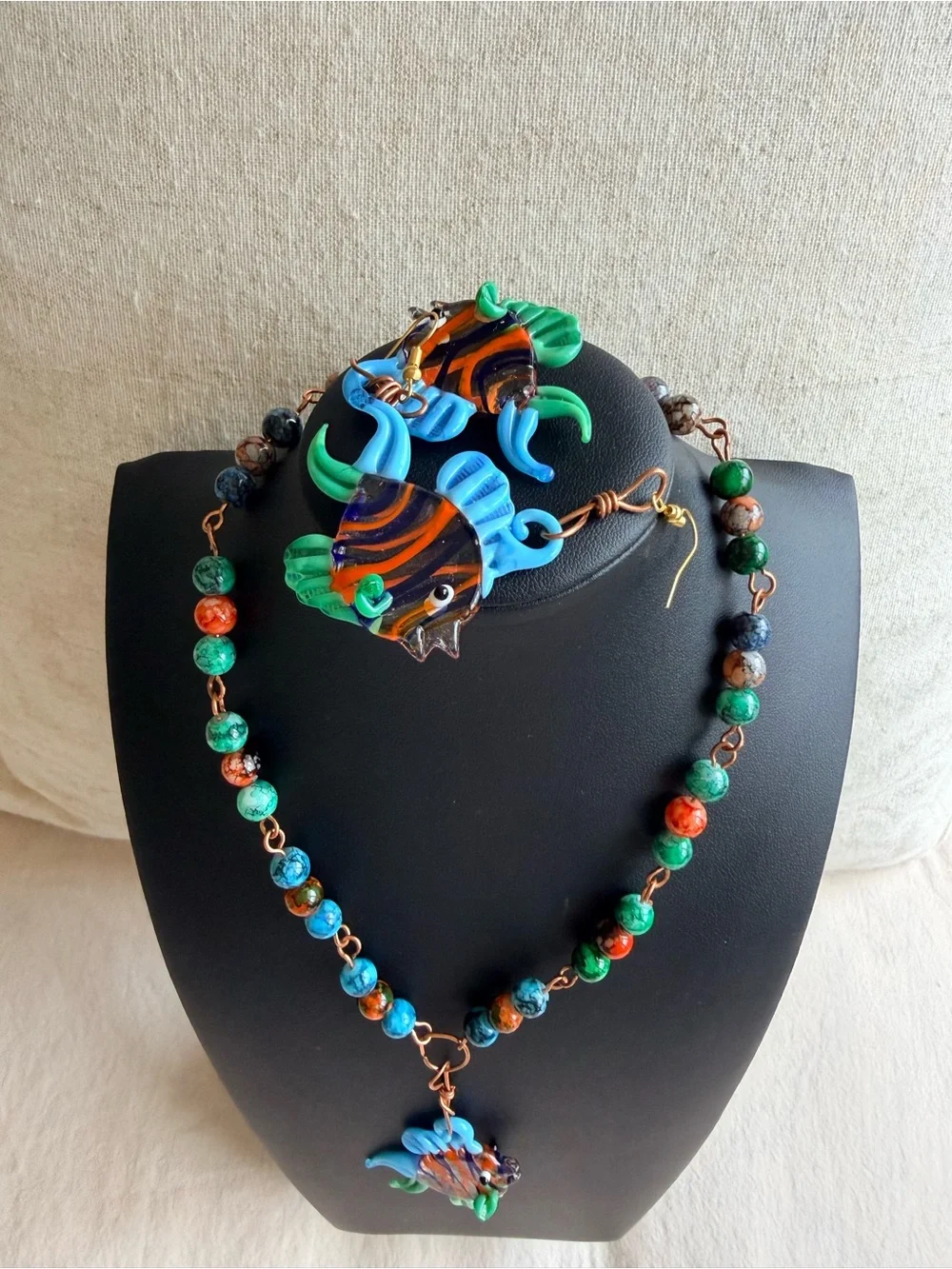Handmade Multicolor Bead Necklace with Blue & Green Fish Pendant
